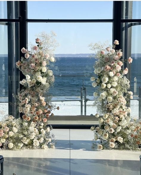 Flower Arch For Engagement, Alter Arch Flowers, Altar Florals Wedding, Elegant Wedding Flower Arch, Floating Arch Wedding, White And Pink Wedding Arch, Wedding Alter Flower Pillars, Broken Arch Wedding Flowers, Wedding Floor Flowers