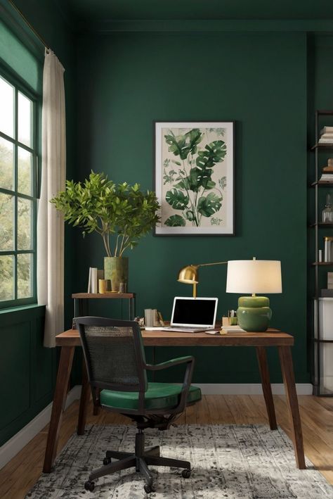 Hunter Green (BM 2041-10): Forest Retreat - Best Wall Paint Color 2024 for Deep Greens - upgradesign.blog Green Wall Shades, Forest Green Home Office, Forest Green Study, Green Office Interior Design, Forest Green Office Walls, Emerald Green Wall Paint, Dark Green Painted Walls, Emerald Green Paint Colors, Hunter Green Living Room