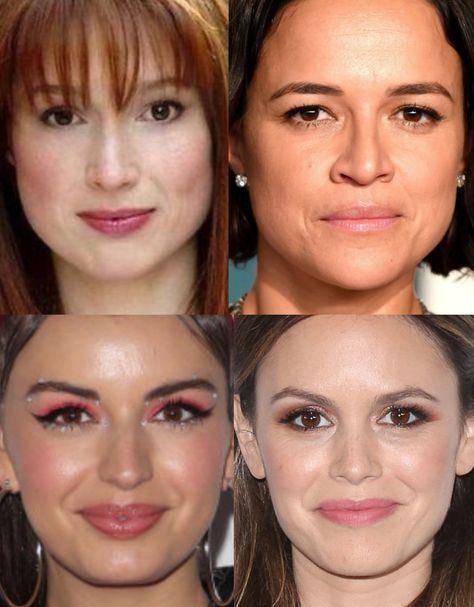 headshots of ellie kemper, michelle rodriguez, rebecca black, and rachel bilson, all the natural classic gamine type Natural Ingenue Classic, Gamine Face, Essence Types, Gamine Essence, Cute Lines, Ingenue Essence, Natural Gamine, Style Roots, Style Essence