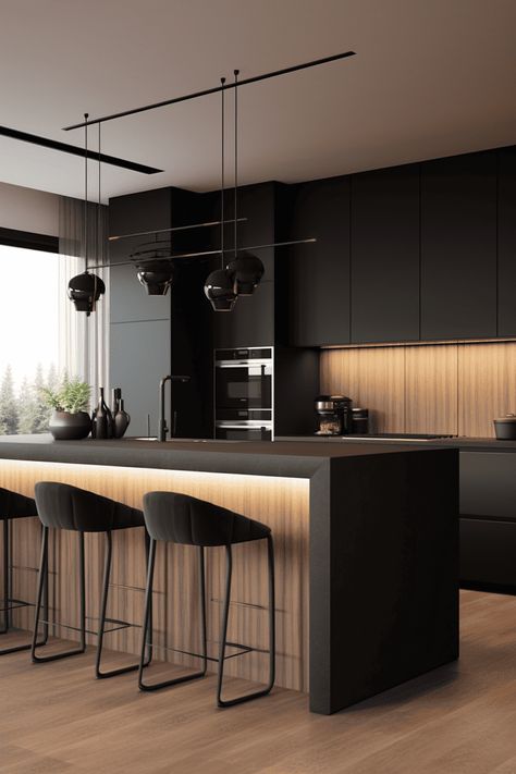 Black Kitchen Modern Design, Black And Wood Island Kitchen, Kitchen Modern Black And White, Black And Timber Kitchen Modern, Kitchen Black With Wood, Black Matt Kitchen Cabinets, Black Bottom Cabinets Kitchen, Contrast Kitchen Design, White Counter Black Cabinets