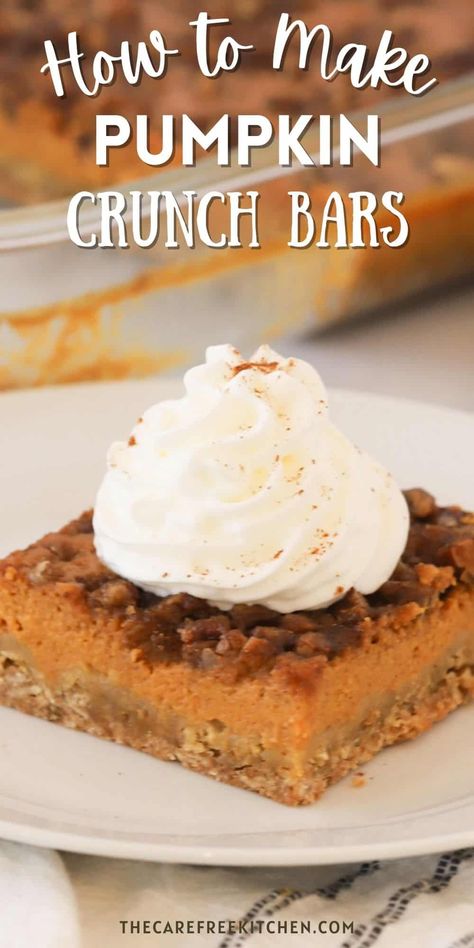 Pumpkin Pie Crunch, Crunch Bars Recipe, Oatmeal Cinnamon, Creamy Pumpkin Pie, Pumpkin Pie Bars Recipe, Walnut Crust, Easy Pumpkin Dessert, Pumpkin Pie Oatmeal, Pumpkin Muffins Easy