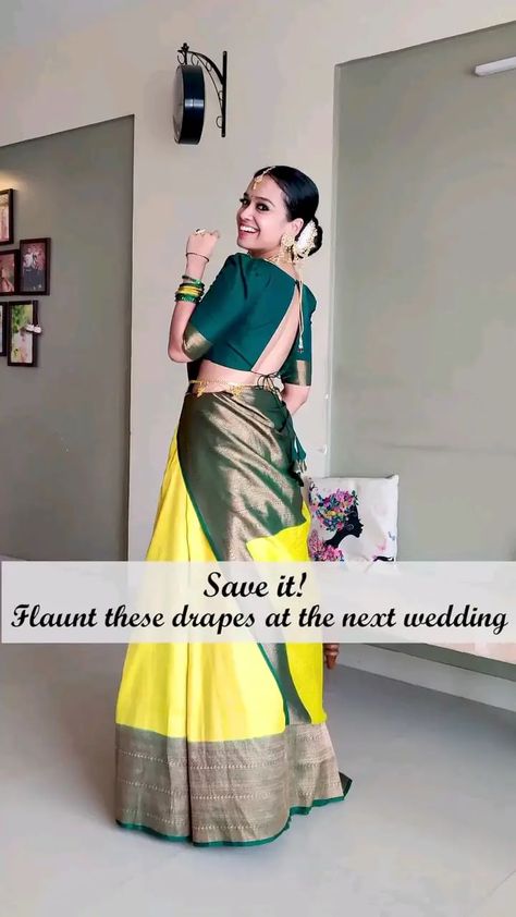 Lehenga Drape Saree, Half Saree Draping Ideas, Georgette Saree Recycle Dresses Indian, Saree Like Lehenga, Saree With Lehenga Drape, Gujrati Saree Draping, How To Wear Saree As Lehenga, Skirt Saree Drape, Saree Sleeve Design