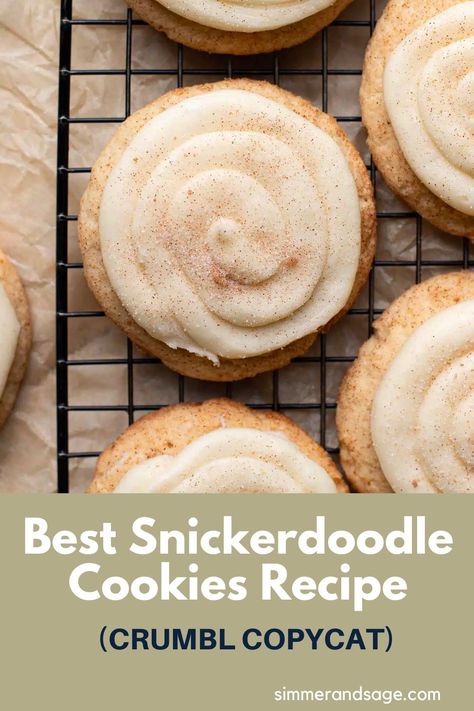 Snickerdoodle cookies are such a beloved and simple cookie, but leave it to Crumbl to give them a glow-up and make them fabulous! Frosted Snickerdoodle Cookies, Snickerdoodle Crumble Cookie, Best Snickerdoodle Cookies Recipe, Snickerdoodle Cookies Recipe, Crumbl Copycat, Best Snickerdoodle Cookies, Crumble Cookie Recipe, Cookie Contest, Simple Cookie