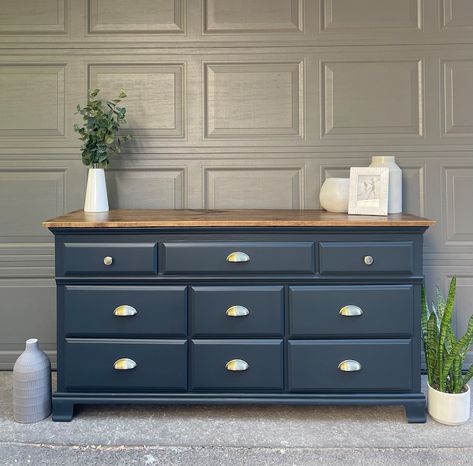 Item SOLD Elegant Nine Drawer Dresser - Etsy Navy And Gold Dresser Makeover, Mens Dresser Referbish, Dresser Drawer Painting Ideas, Blue Dresser Boys Room, Hale Navy Dresser, Wood Top Painted Dresser, Masculine Painted Dresser, Redo Chest Of Drawers, Blue Gray Dresser