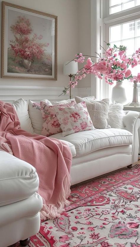 White Sitting Room Ideas, Pink House Decor, White Sitting Room, Sitting Room Ideas, Aesthetic Rosa, Pastel Home Decor, Elegant Living Room Decor, Pink Living Room, Pink House