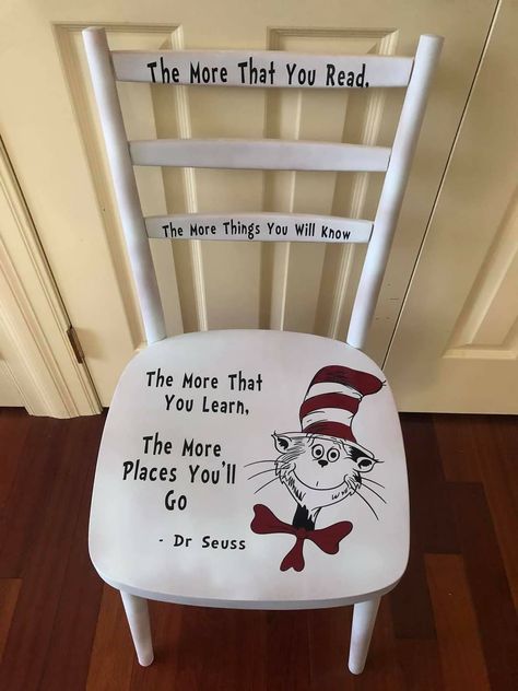 Dr Seuss Chairs, Wooden Chair Makeover, Kids Wooden Chair, Repurposed Chairs, Painted Kids Chairs, Before After Furniture, Barbie Painting, Painted Rocking Chairs, Diy Father's Day Crafts