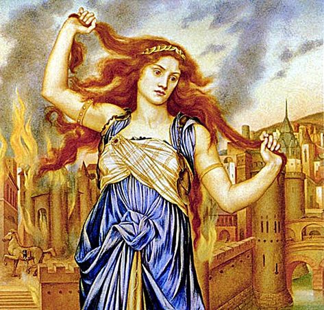 In Greek mythology, Cassandra was one of the princesses of Troy, daughter of Priam and Hecuba. According to the Myth, Cassandra was astonishingly beautiful and blessed with the gift of foreseeing the future. Her curse was that no one believed her, a fa… Cassandra Greek Mythology, Fiber Wall Art, Greek Mythology Art, Ancient Myths, Female Soldier, Mythology Art, Greek Myths, Medieval Art, Greek Mythology