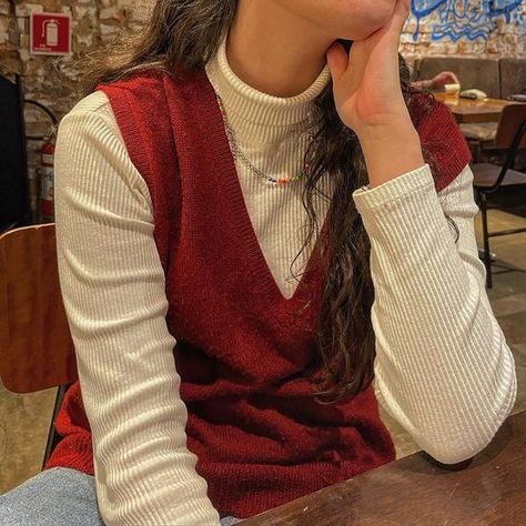 Red Vest Outfits Aesthetic, Outfits With Red Turtleneck, Red Sweater Vest Outfits For Women, Burgundy Sweater Vest Outfit, Red Knitted Vest Outfit, Red Knit Vest Outfit, Red Waistcoat Outfit, Red Waistcoat Outfit Women, Target Outfits Employee