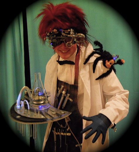 Mad scientist costume 2010 by jollywoodchopper, via Flickr Mad Scientists Costumes, Halloween Mad Scientist Costume, Evil Scientist Outfit, Mad Scientist Steampunk, Evil Scientist Costume, Crazy Scientist Costume, Mad Scientist Aesthetic Outfit, Steampunk Scientist, Crazy Scientist Aesthetic