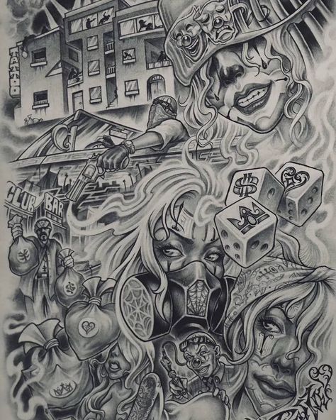 Boog Tattoo, Prison Drawings, Chicano Tattoos Sleeve, Half Sleeve Tattoos Drawings, Mexican Art Tattoos, Gangsta Tattoos, Money Tattoo, Prison Art, Chicano Style Tattoo