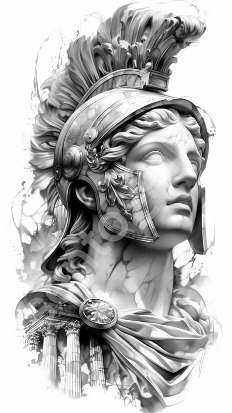 Ancient Greece Tattoo Ideas, Ares Tattoo Design, Sculpture Tattoo Design, Alexander The Great Tattoo, Athena Tattoo Design, Roman Tattoo Ideas, Athena Drawing, Ares Tattoo, Greece Tattoo