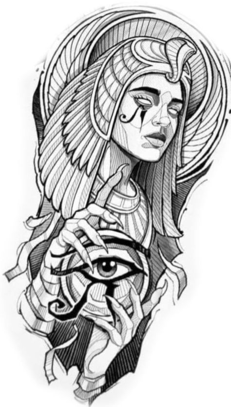 Feminine Tattoo Sketches Egpty Gods Tattoo, Egypt Mythology Tattoo, Egyptian Gods Tattoo, Cleopatra Tattoo Design, Eygptain Tattoos, Egypt Tattoo Design Ideas, Egyptian Tattoo Designs, Egyptian Goddess Tattoo, Egyptian Queen Tattoos