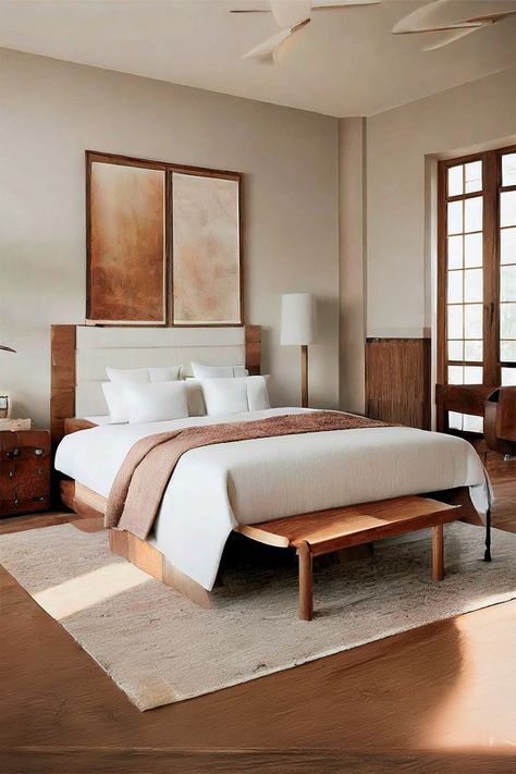 Warm Earth-Toned Bedroom • A serene bedroom design that combines rich wooden furniture with soft earth tones, creating a warm and inviting atmosphere. • The bed features a sturdy wooden frame and headboard, complemented by crisp white bedding and a soft brown throw. • Large abstract art pieces in muted colors • A stylish table lamp and a vintage wooden chest add character and functionality, while a plush cream rug under the bed softens the hardwood floors. Soft Earth Tones, Neutral Bedroom Design, Cream Bedrooms, Large Abstract Art, Stylish Table Lamps, Brown Floors, Simple Texture, Serene Bedroom, Neutral Bedroom