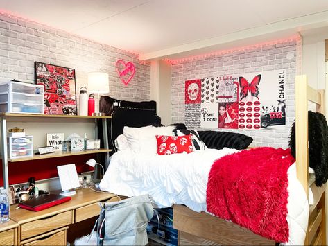 Black White And Red Dorm Room, Red And White Dorm Room Ideas, Red Dorm Room Ideas, Red Dorm Room, Red Dorm, Room Decor Luxury, University Room, White Dorm Room, Dorm Decor Ideas