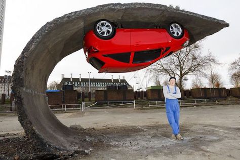 Alex Chinneck with his sculpture "pick yourself up and pull yourself together" in London, 2/15 (LP) Alex Prager, Vauxhall Motors, Hanging Upside Down, Zebra Art, Public Sculpture, Juxtapoz Magazine, Outdoor Sculpture, Automotive Art, British Artist