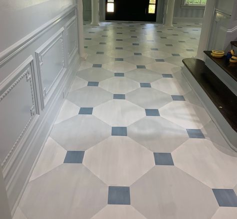 Blue And White Checkered Floor, Brittany Bromley, Hallway Tiles, Marble Floor Kitchen, Hall Tiles, Athens Apartment, Wood Floor Design, Painted Wood Floors, Tiled Hallway