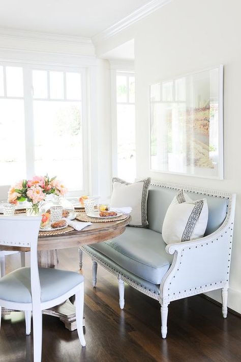 Blue Leather French Dining Settee with Round Salvaged Wood Dining Table - Transitional - Dining Room Banquette Seating Dining Room, Corner Bench Dining Table, Kitchen Corner Bench, Banquette Ideas, Dining Room Trends, Settee Dining, Bedroom Seating Area, Kitchen Banquette, Bedroom Seating