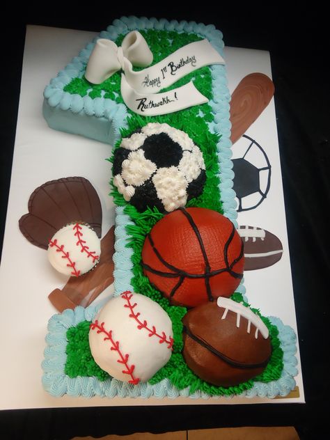 Sports 1st Birthday Cake Sports Cake Ideas, Sports 1st Birthday, Fifth Birthday Cake, Sports Birthday Cakes, Number 1 Cake, Carved Cakes, Girls First Birthday Cake, Sports Cake, Sports Themed Cakes