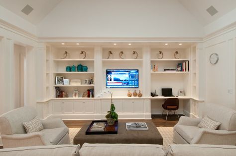 Built-in Brown Livingroom, Built In Desk And Shelves, Built In Wall Units, Living Room Transitional, Built In Shelves Living Room, Living Room Wall Units, Living Room Built Ins, Desk In Living Room, Transitional Living Rooms