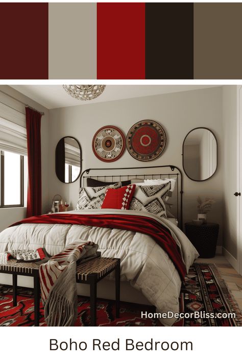 Red Boho Bedroom: Bold and Chic Red White And Black Rooms Bedroom Ideas, Red Bedroom Ideas For Couples, Red Boho Bedroom, Room With Red Accents, Red And Black Bedroom Ideas, Red Accent Bedroom, Black And Red Bedroom, Red And Black Bedroom, Red Bedroom Aesthetic