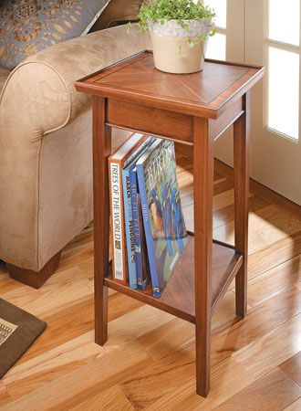 Veneered Accent Table Tapered Leg Table, Woodsmith Plans, Wooden Rocking Chairs, Oak Nightstand, Table Plan, Woodworking Project, Table Plans, Fun Challenges, Small Tables