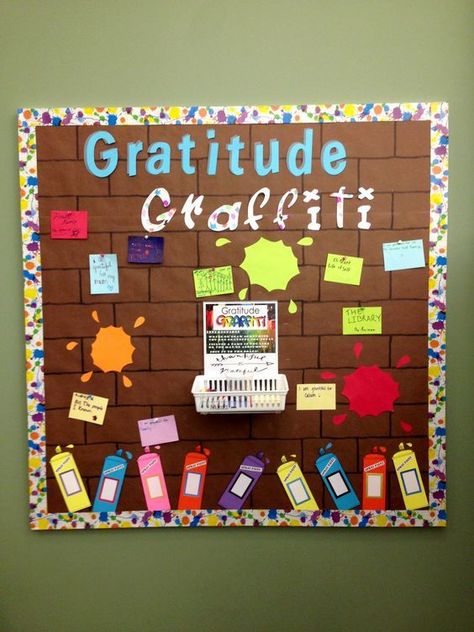 This gratitude graffiti board can be used in November or anytime you want to see students to more more thankful. Great for elementary students, but even middle or high school students. #BulletinBoard #NovemberBulletinBoard #Gratitude Gratitude Graffiti, Staff Bulletin Boards, November Bulletin Boards, Work Bulletin Boards, Interactive Bulletin Boards, Gratitude Board, Teaching Character, Gratitude Activities, Library Bulletin Boards