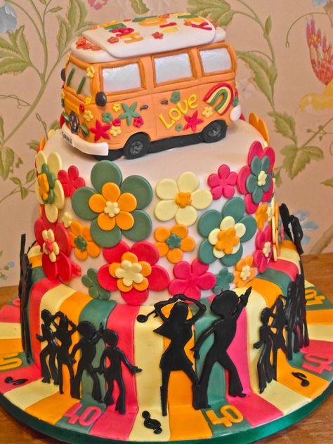 70s theam cake, full of colour love and peace and disco dancing xx 1970s Cake Ideas, 60s Themed Cake Ideas, Peace And Love Cake, 70s Cake Design, 70s Cake Ideas Disco Party, 1970s Birthday Cake, 70s Sweet 16, 70s Themed Birthday Cake, 70s Themed Cake