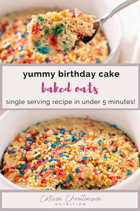 This sweet and moist birthday baked oatmeal recipe is fluffy, delicious, and so easy to make. Colorful and made with your favorite sprinkles, you will love this birthday cake in a mug! Birthday Cake Baked Oatmeal, Birthday Cake Breakfast, Birthday Cake Baked Oats, Birthday Oatmeal, Birthday Cake Oatmeal, Ww Oatmeal, Easy Baked Oats, Birthday Cake Batter, Macro Nutrients