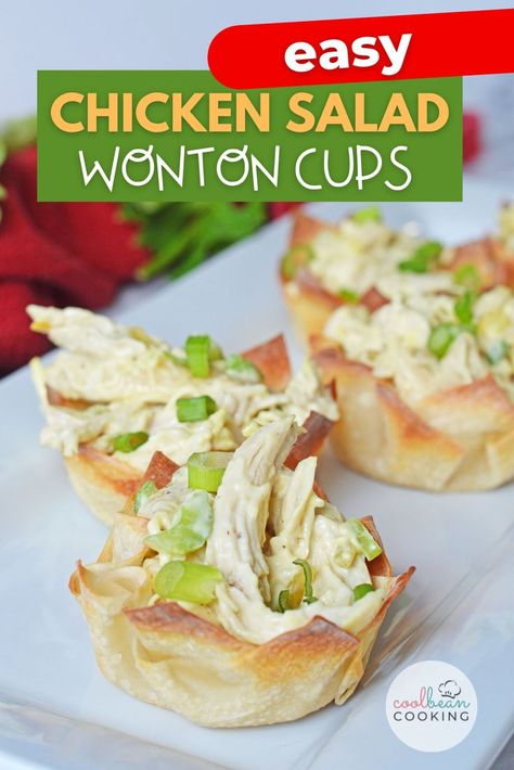 tray of chicken salad in wonton cups Chicken Salad Wonton Cups, Chicken Salad Bites, Salad Wonton Cups, Chicken Salad Cups, Quick And Easy Chicken Salad, Chicken Salad Wontons, Wonton Cups Appetizers, Salad Bites, Cool Bean