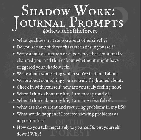 The Witch of the Forest ☾ on Instagram: “🌒 𝕊𝕙𝕒𝕕𝕠𝕨 𝕎𝕠𝕣𝕜 🌘 Shadow work is about exploring the depths of you soul to confront those things you are ignoring, hiding, are frightened or…” Work Journal Prompts, Shadow Work Journal Prompts, Shadow Work Spiritual, Shadow Work Journal, Best Crystals, Spiritual Journals, Work Journal, Writing Therapy, Vie Motivation