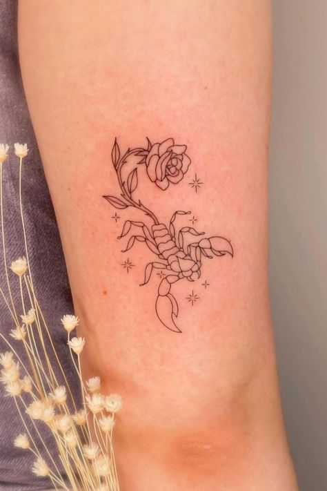 19 Stunning Scorpio tattoo Ideas Scorpio And Flower Tattoo, Scorpio Tattoo For Women, Small Scorpio Tattoo Zodiac, Scorpio Tattoo Ideas, Scorpio Goddess, Amy Tattoo, Scorpio Zodiac Tattoos, 2024 Tattoo, Tattoo Floral