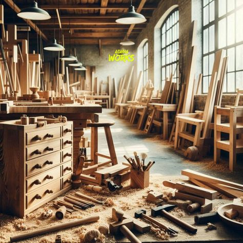 Carpentry workshop with various wooden furniture pieces in progress. Tools, sawdust and sawdust on the floor. Natural lighting, coming from large windows, illuminates the craftsmanship and details of the furniture. #woodwork #acadiaworks #BETAwards #woodworking #wood #SocialMediaDay #woodart Carpentry Aesthetic, Carpentry Workshop, Carpentry Tools, Wood Worker, Work Spaces, Woodworking Wood, Natural Lighting, Fine Woodworking, Wood Work