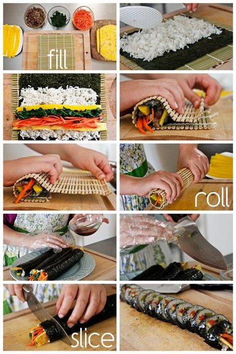 Sushis Beef Kimbap, Kimbap Recipe, Painted Steps, Snack Meals, Resep Sushi, Koreansk Mad, Colorful Photos, Korean Cooking, K Food