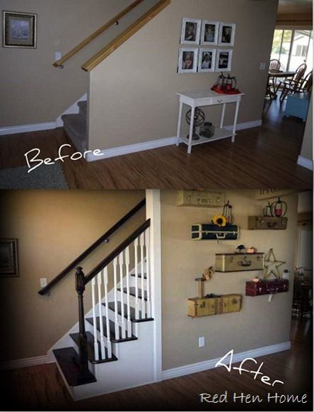 Just for a reminder….here’s the “before” and “after” of the stairway in my home. This is the first thing you see when you come in the front ... Replace Stair Wall With Railing, Stairwell Opening Ideas, Removing Half Wall On Stairs, Partial Open Staircase, Partial Stair Railing, Tv On Staircase Wall, Staircase Basement, Removing Wall, Suitcase Shelves