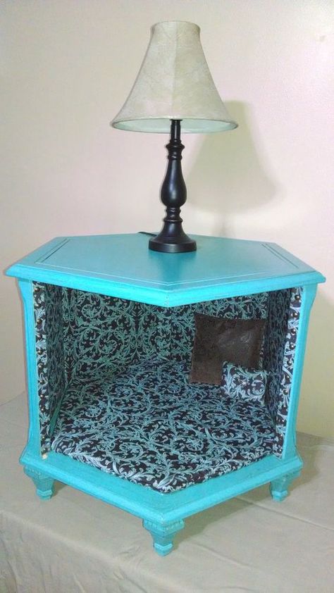 Upholstered End Table – KOVI Dog Bed Ideas, Diy Pet Bed, Upholstery Tacks, Diy Dog Bed, Damask Fabric, Dog Furniture, Diy Dog, Bed Ideas, Refurbished Furniture