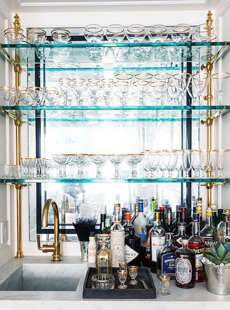 SHELTER: Crushing on: Hanging brass shelving Ideas De Mini Bar, Bistro Shelving, West Village Townhouse, Bar Deco, Bar Shelves, Bar Inspiration, Built In Bar, Cart Decor, Butlers Pantry