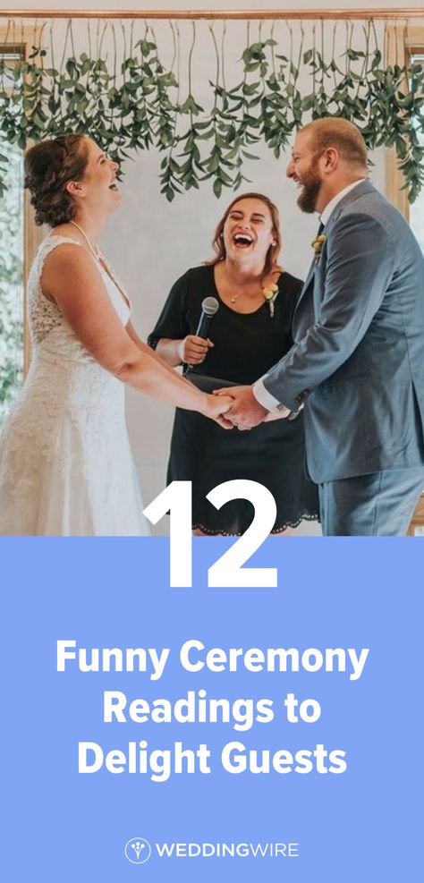 These 12 Funny Ceremony Readings Will Delight Your Guests - Add a little laughter to your nuptials with one of these funny wedding ceremony readings, from children's books, movies, poems, and more. Wedding Officiant Script Funny, Wedding Readings Unique, Wedding Readings Funny, Wedding Ceremony Script Funny, Wedding Officiant Business, Wedding Sermon, Wedding Officiant Speech, Ceremony Readings, Funny Wedding Speeches