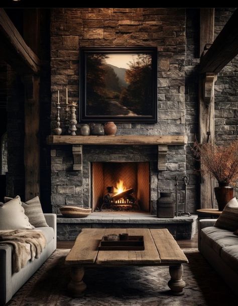 Rustic Cabin Interior, Rustic Fireplaces, Stone Cottage, Home Design Living Room, Long Island Ny, Stone Houses, Fireplace Design, Rustic Cabin, Stone Fireplace