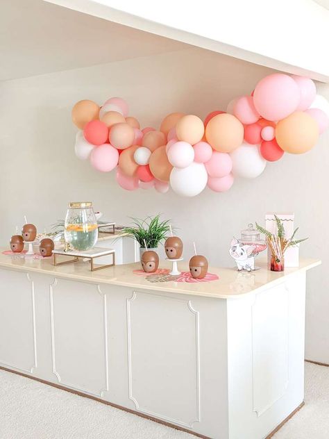 Girly Moana 5th Birthday Party | CatchMyParty.com Coconut Birthday Party, Simple Moana Birthday Party, Moana Party Ideas, Moana Island, Moana Centerpieces, The Heart Of Te Fiti, Moana Birthday Party Ideas, Island Birthday, Moana Birthday Party Theme