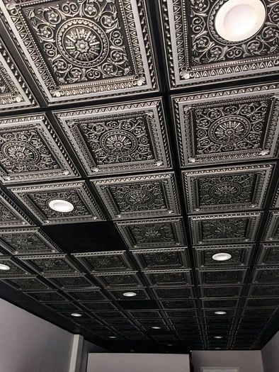 CT-223 Ceiling Tile - Antique Silver 2x4 Silver Ceiling Tiles, Ceiling Tiles Basement, Tin Ceilings, Tiles Designs, Decorative Ceiling Tile, Ceiling Design Living Room, Basement Ceiling, Tin Ceiling Tiles, Dropped Ceiling