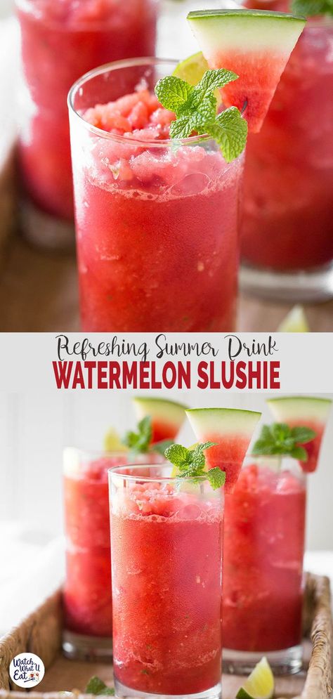 Beat the summer heat by making this quick and easy frozen watermelon slush. No sugar added and also kids friendly so that the whole family can enjoy this healthy summer drink. | #watchwhatueat #watermelonslushie #slushie #watermelon #nonalcoholic Cocktail Slushies, Watermelon Slush, Summer Drinks Nonalcoholic, Watermelon Slushie, Wine Slushies, Infused Recipes, Healthy Summer Drinks, Slush Recipes, Pina Colada Smoothie