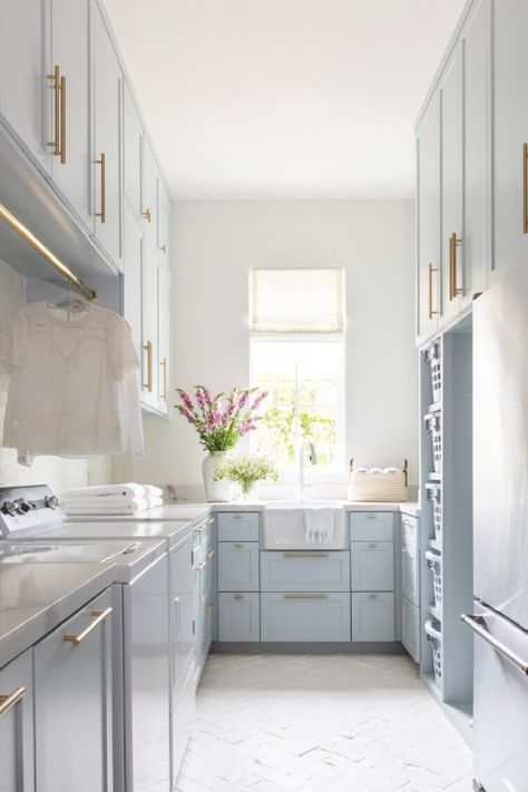 Powder Blue Entryway, Saphire Blue Washer And Dryer Laundry Room, Blue White Laundry Room, Light Blue Mudroom Cabinets, Light Green Cabinets Laundry Room, Light Blue Laundry Room Cabinets, Feminine Laundry Room, Dusty Blue Laundry Room, Laundry Room Light Blue