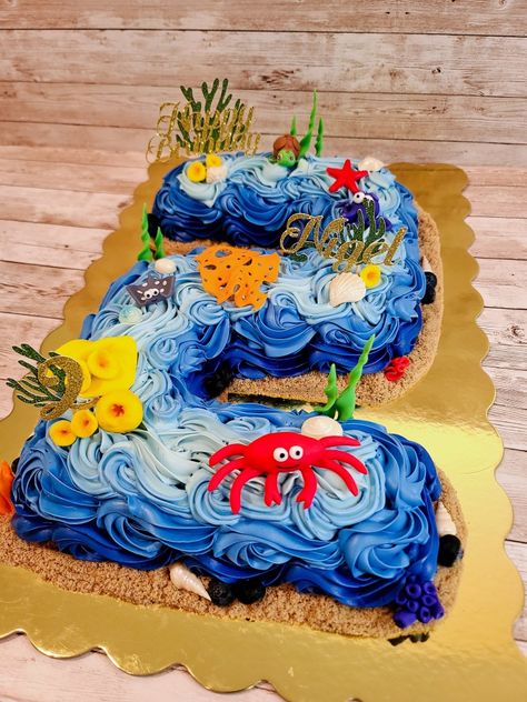 Under the sea number cake Under The Sea Number Cake, Ocean Number Cake, Under The Sea Cupcake Cake, Under The Sea Cake Ideas, Under The Sea Cakes, Spongebob Ideas, Fish Cake Birthday, Fishing Themed Birthday Party, Sea Cupcakes