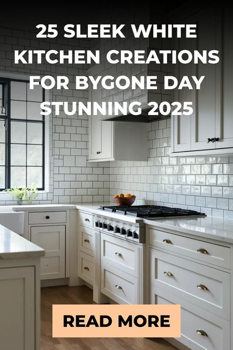 Modern white kitchen with subway tile backsplash and elegant cabinets, featuring a "Read More" button. White Galley Kitchen, Ivy Kitchen, White Kitchen Designs, White Kitchen Makeover, White Kitchen Ideas, Beautiful White Kitchens, Small White Kitchens, White Shaker Kitchen, Classic White Kitchen