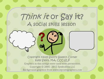 **Buy the bundle and save! This lesson is also part of my Social Skills BundleThis lesson focuses on things we can say out loud vs. things we should think in our heads. Included are 40 "Think it or Say it?" cards relevant to the classroom, lunchroom, and playground, as well as a mini lesson outline you may choose to use when introducing the topic. Aba Visuals, Think It Or Say It, Social Skills Lessons, Social Thinking, School Social Work, Speech Ideas, Speech Therapy Activities, Mini Lessons, Therapy Activities