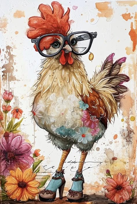 Chicken Drawing, Chicken Pictures, Whimsical Art Paintings, Cartoon Chicken, Chicken Painting, Animal Illustration Art, Rooster Art, Chicken Art, Chickens And Roosters