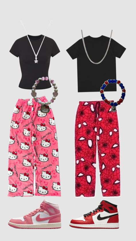 Sleepover Outfit, Hello Kitty Girl, Spiderman Outfit, Bff Matching Outfits, Baggy Outfit Ideas, Kitty Girl, Matching Outfits Best Friend, Couple Matching Outfits, Kitty Clothes