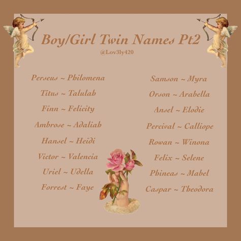 Twin Names Aesthetic, Fantasy Twin Names, Twins Names Boy And Girl, Twin Name Ideas, Twin Names Boy And Girl, Names For Twins, Matching Names, Twin Girl Names, Writing Inspiration Characters