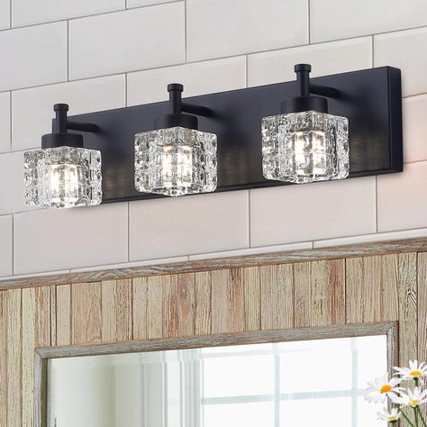 Mercer41 Derquan 3-Light Modern Square Glass Light Shade Dimmable Vanity Light | Wayfair Black Bathroom Light Fixtures, Black Bathroom Light, Modern Vanity Lighting, Black Vanity Bathroom, Glass Light Shades, Black Vanity Light, Contemporary Vanity, Vanity Light Fixtures, Glass Vanity