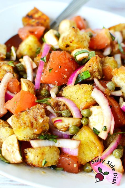 Lobster Panzanella Salad Katie Lee, Crouton Salad Recipe, Mini Cucumber Sandwiches, Salad With Croutons, Cucumber Dip Recipe, Salad Tiktok, Salty Side Dish, Panzanella Salad Recipe, Crouton Salad